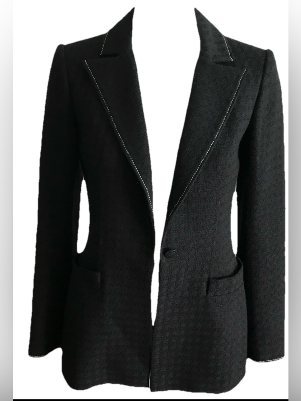 Chanel Uniform Jacket Wool Blend Silk lining Black Blue Size 38/6 Made In France